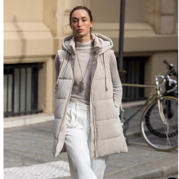 ZARA LONG PADDED HOODED PUFFER DOWN WINTER ZIP FLEECE LINING VEST GILET - Picture 2 of 9